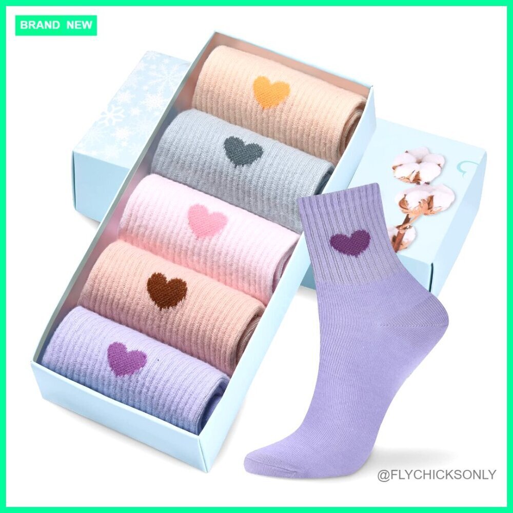 Women's Cotton Athletic Ankle Socks 5-Pack with Heart Design